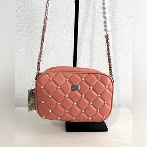 BADGLEY MISCHKA Diamond Quilted Camera Crossbody Bag with Pearls